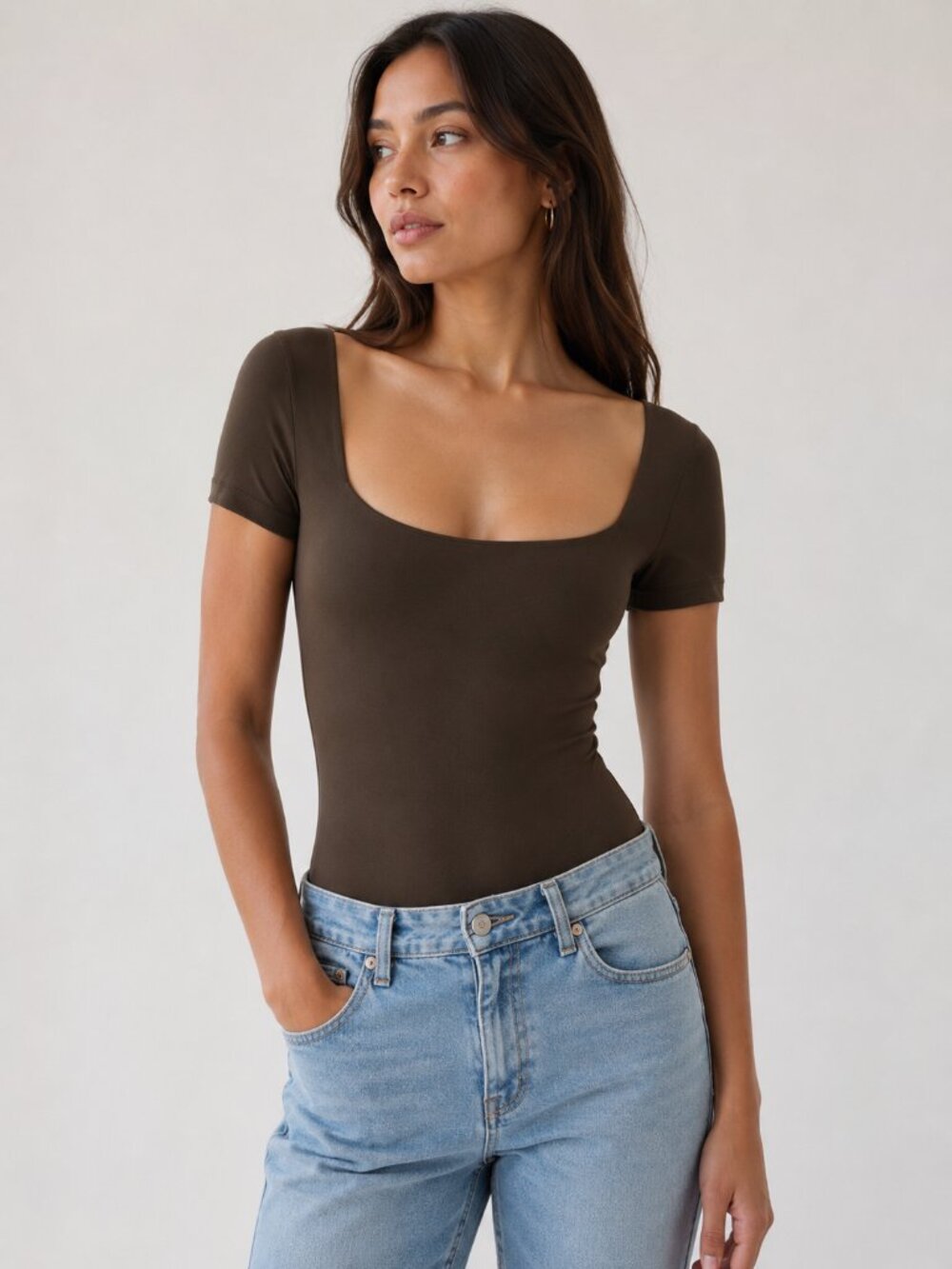 Aritzia Babaton Rich Mocha Brown Contour Square Neck Bodysuit